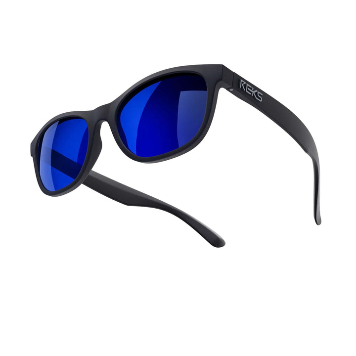 Seafarer polarized polycarbonate prescription sunglasses by REKS® in black with blue mirror lenses, featuring a sleek sporty design.