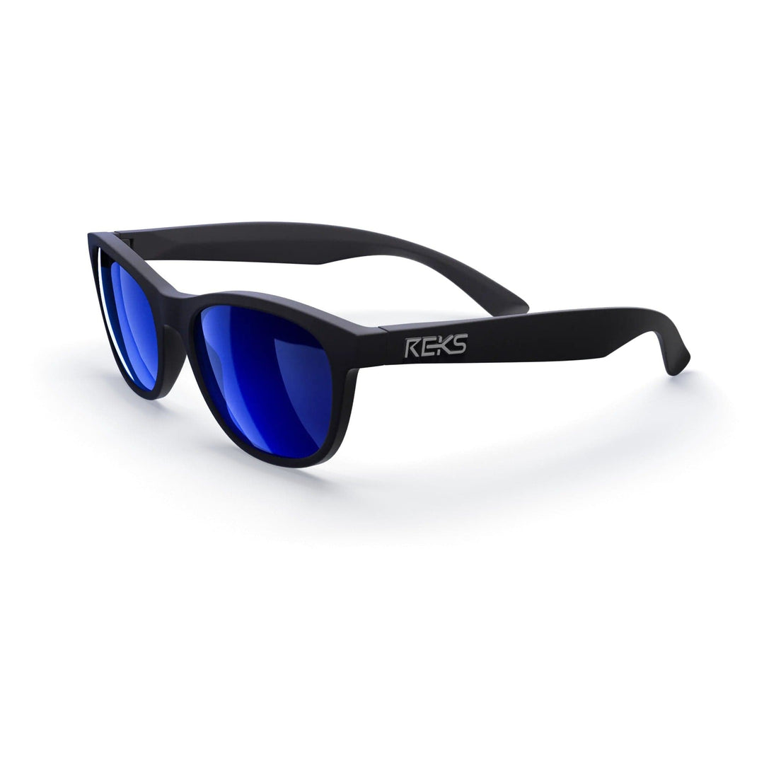 Seafarer polarized polycarbonate prescription sunglasses in black with blue mirror lenses, three-quarter view, branded REKS®.