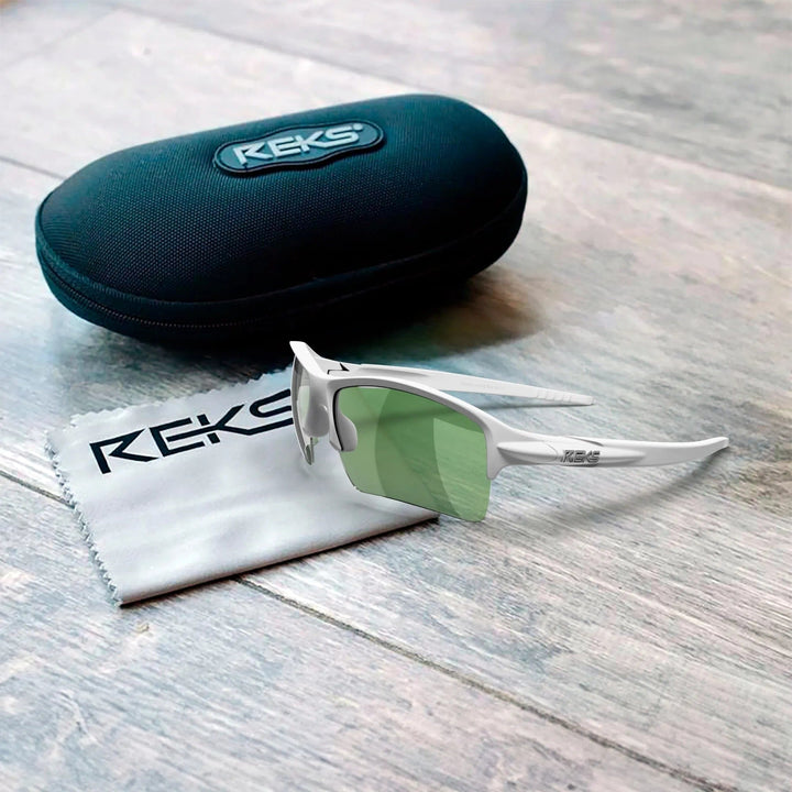 REKS® Seafarer polarized polycarbonate prescription sunglasses with green case, featuring sleek design and durable lenses.