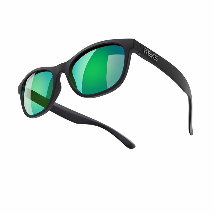REKS® Seafarer polarized polycarbonate prescription sunglasses with black frames and green mirrored lenses.