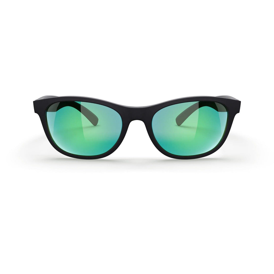 REKS® Seafarer polarized prescription sunglasses with black frame and green mirror lenses, front view.