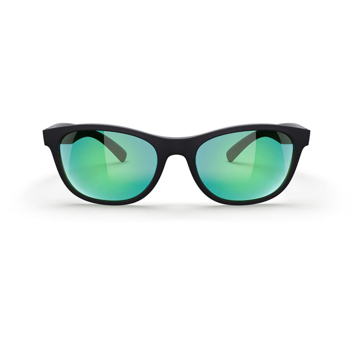 REKS® Seafarer polarized prescription sunglasses with black frame and green mirror lenses, front view.