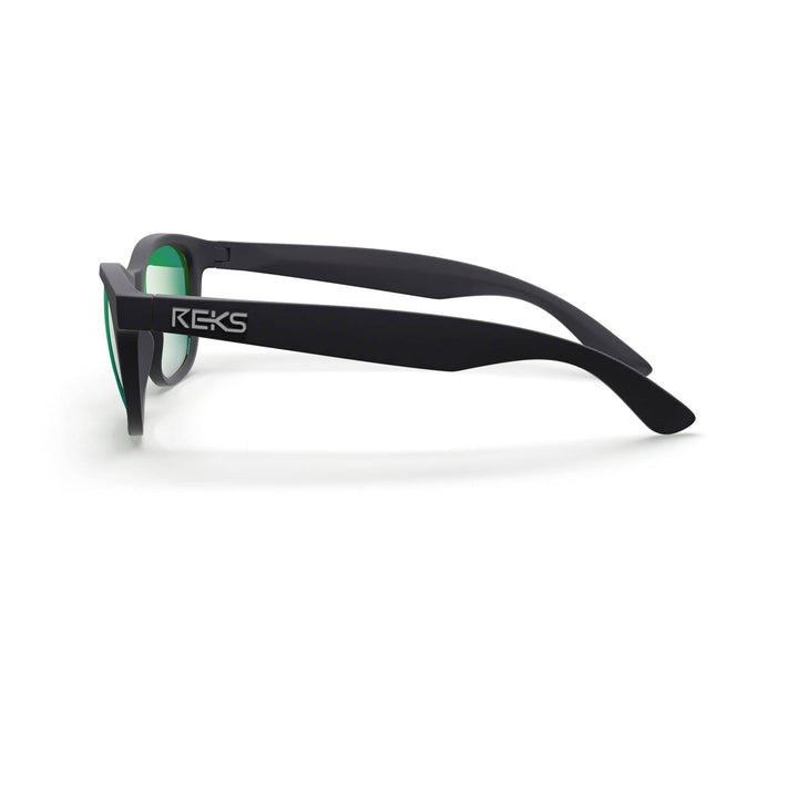 REKS® Seafarer polarized prescription sunglasses with black frame and green mirror lenses, side view showing stylish design and durability.