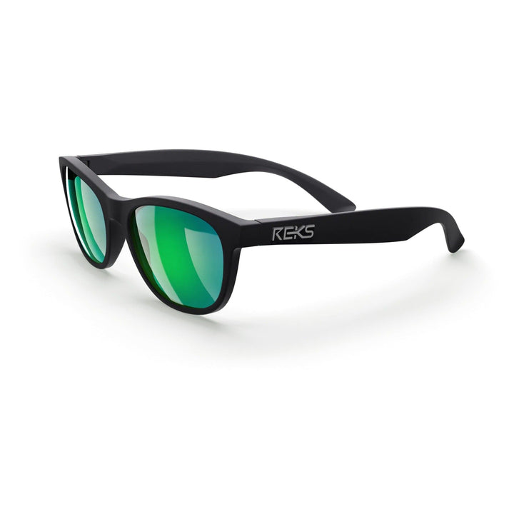 REKS® Seafarer polarized polycarbonate prescription sunglasses in black with green mirror lenses, three-quarter view.