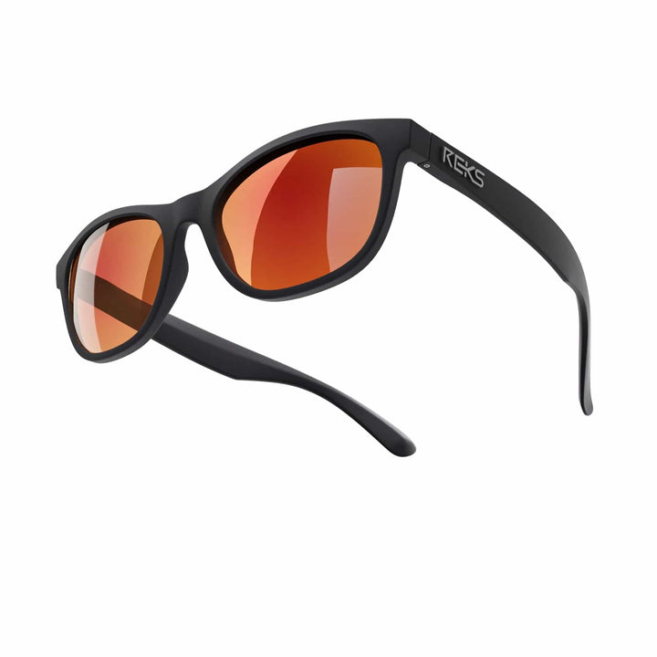 REKS® Seafarer polarized prescription sunglasses with black and red mirror polycarbonate lenses, stylish and protective eyewear.