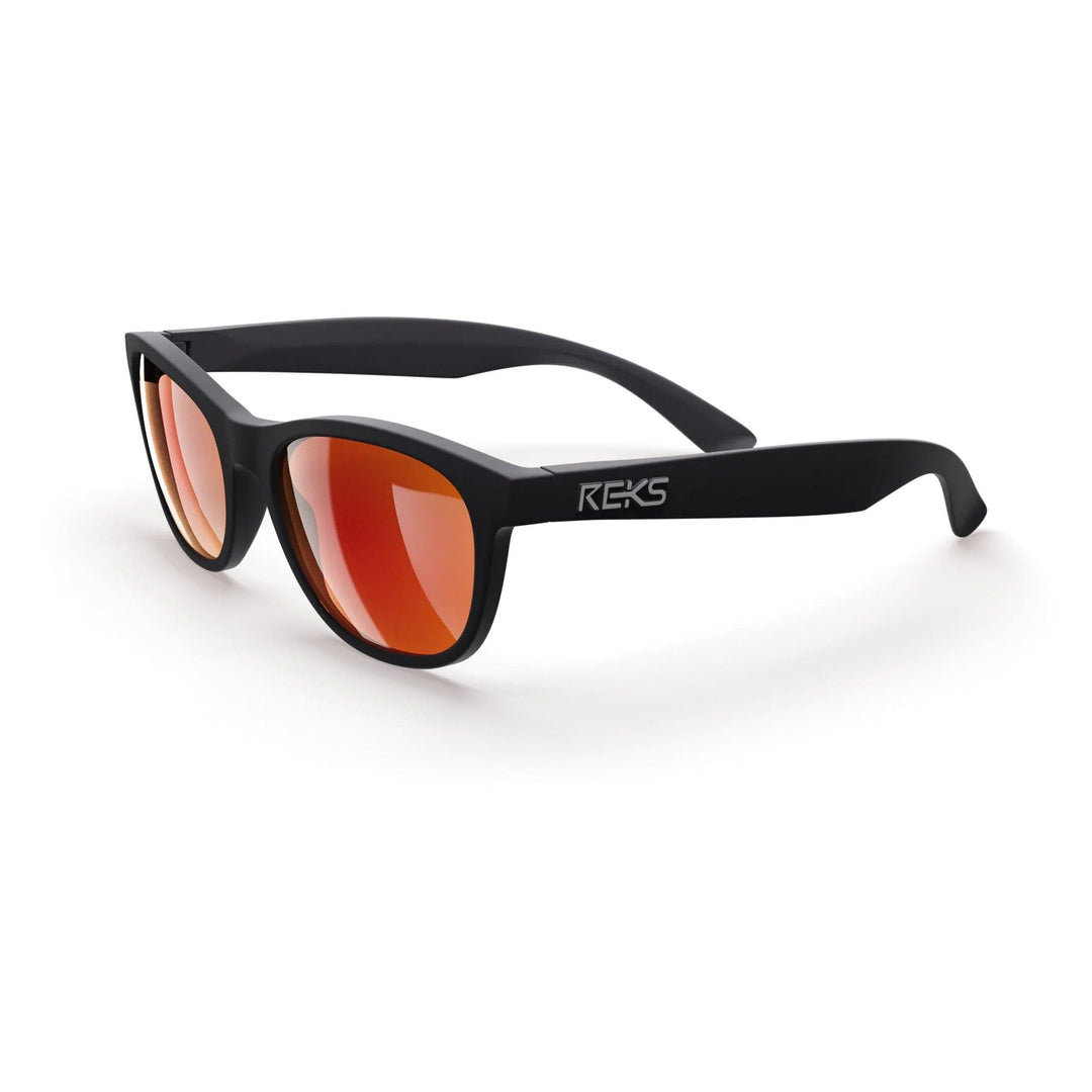 REKS® Seafarer polarized polycarbonate prescription sunglasses with black and red mirror finish, three-quarters view.