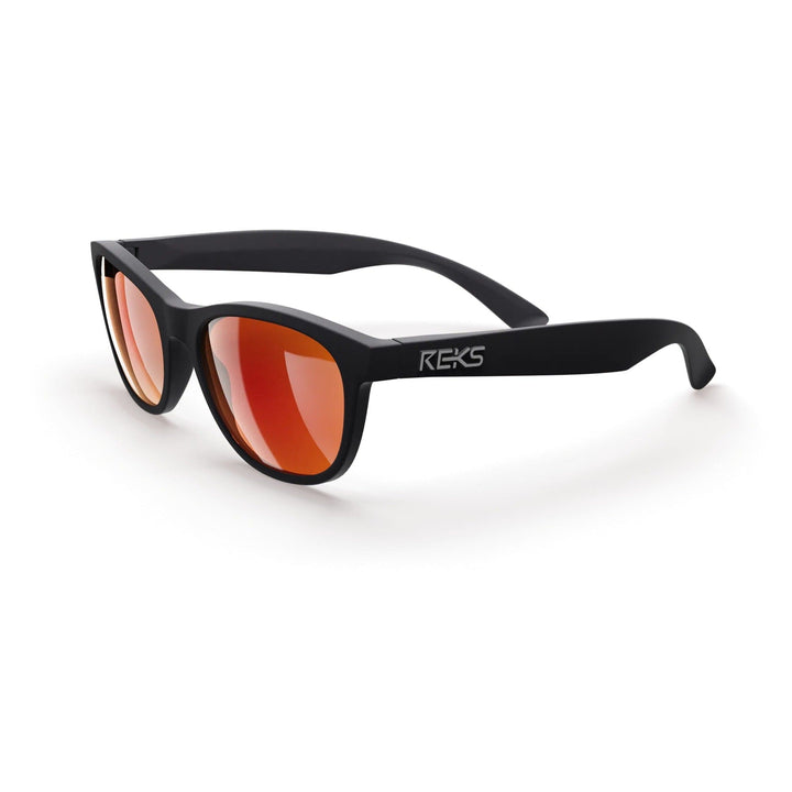REKS® Seafarer polarized polycarbonate prescription sunglasses with black and red mirror finish, three-quarters view.