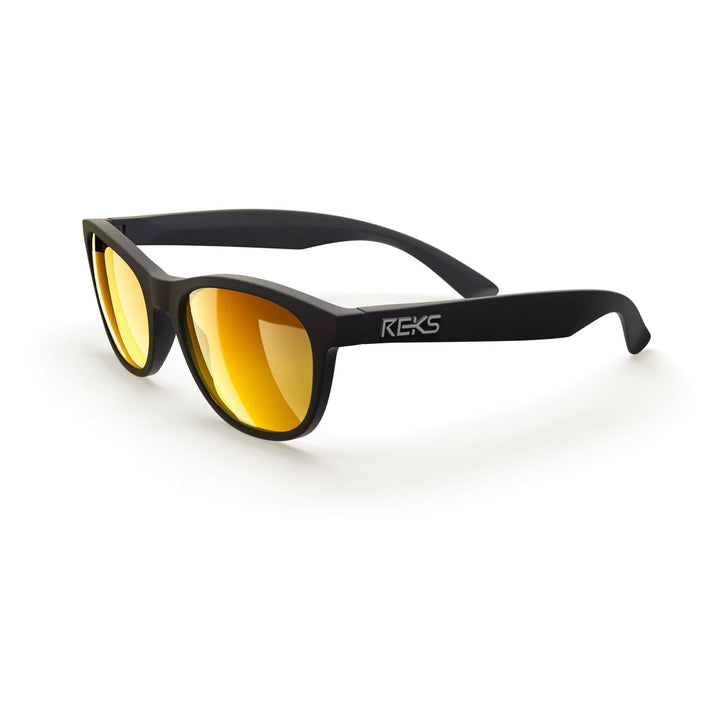 REKS® Seafarer polarized polycarbonate prescription sunglasses with black frame and gold mirror lenses, shown from three-quarter angle.