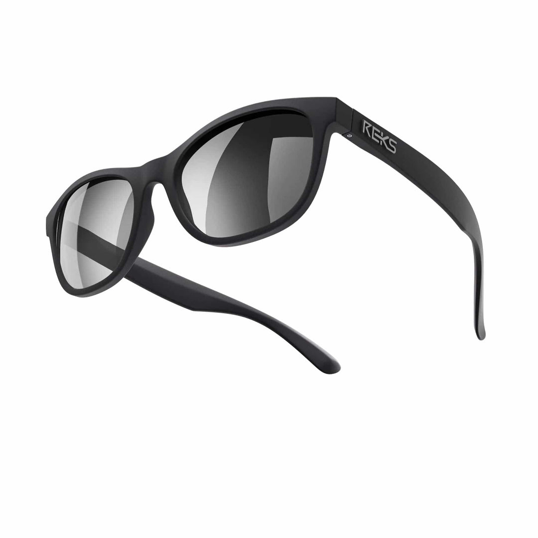 REKS® Seafarer polarized prescription sunglasses with black frames and silver mirror lenses, featuring polycarbonate lenses.