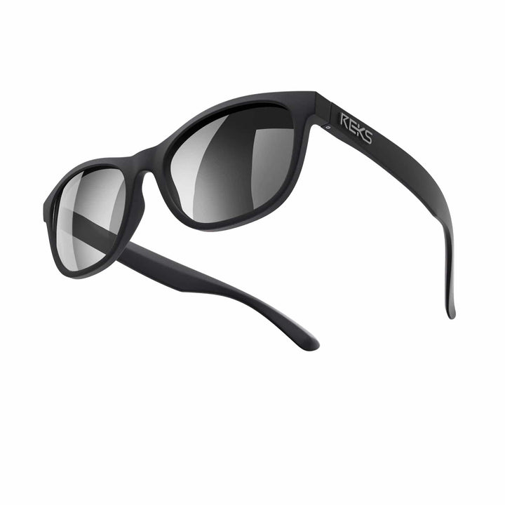 REKS® Seafarer polarized prescription sunglasses with black frames and silver mirror lenses, featuring polycarbonate lenses.