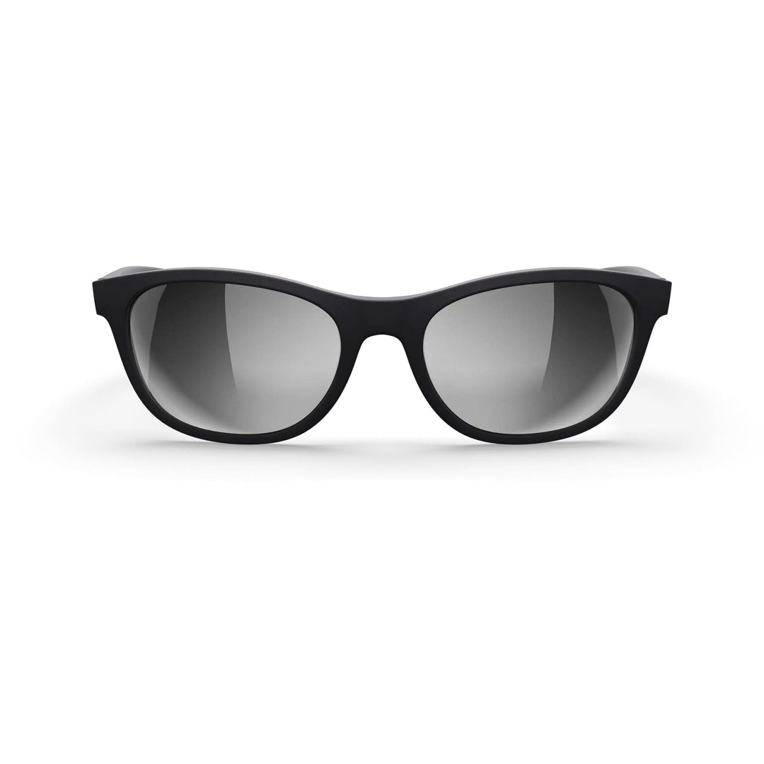 Seafarer polarized polycarbonate prescription sunglasses by REKS® with black frame and silver mirror lenses, front view.
