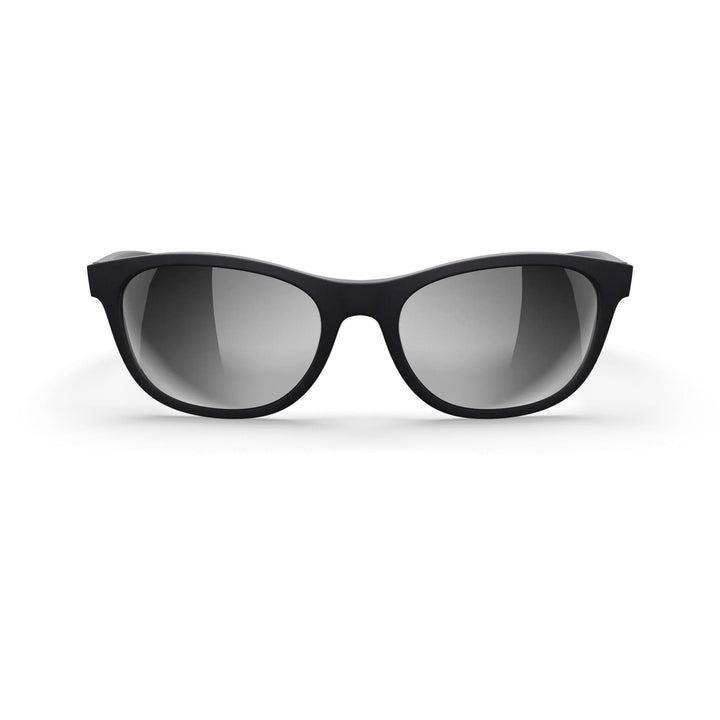Seafarer polarized polycarbonate prescription sunglasses by REKS® with black frame and silver mirror lenses, front view.