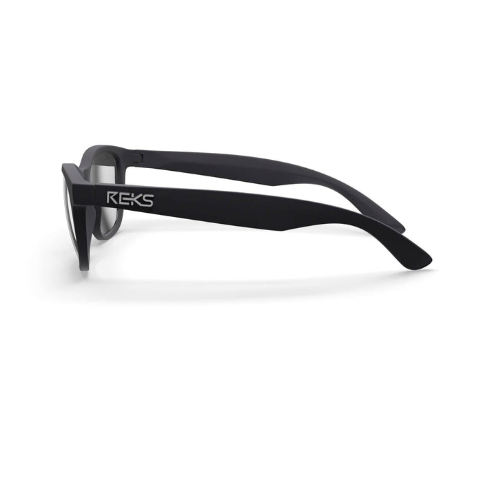 REKS® Seafarer polarized polycarbonate prescription sunglasses with black frame and silver mirror lenses, side view.