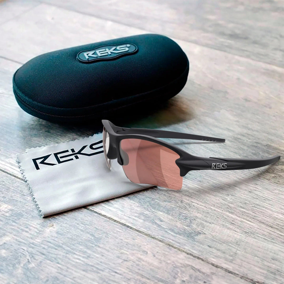 REKS Sling Blade polarized polycarbonate sunglasses with blue mirror lenses, stylish and durable outdoor eyewear.
