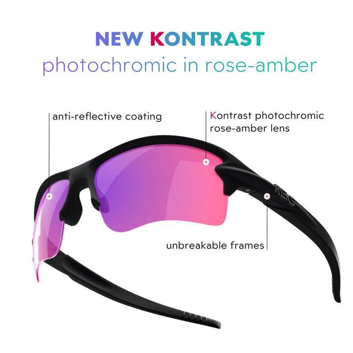 REKS® Sling Blade contrast photochromic sunglasses with adjustable black frame and polarized lenses for UV protection.