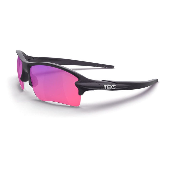 REKS® Sling Blade contrast photochromic sunglasses with black plasma frames and mirrored lenses, stylish and modern eyewear.
