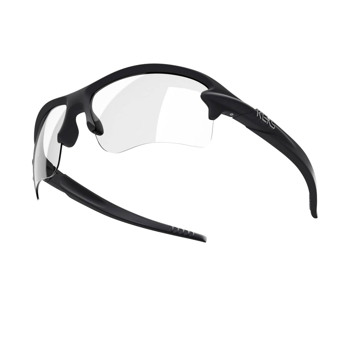 Black REKS® Sling Blade eyeglasses with sleek frame, featuring custom design and clear lenses, shown from different angles.