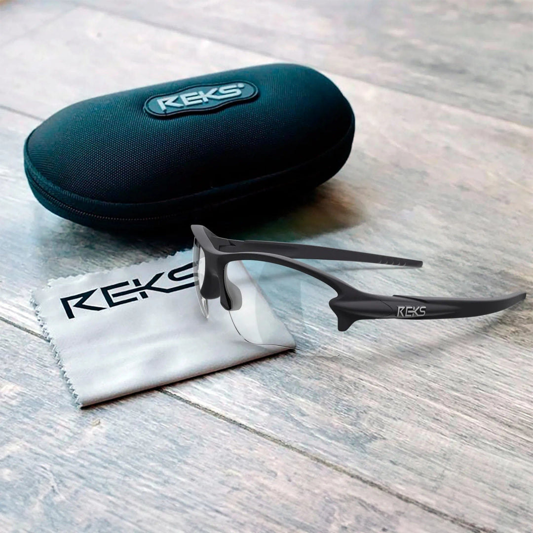 REKS® Sling Blade eyeglasses in a sleek design displayed with a protective case.