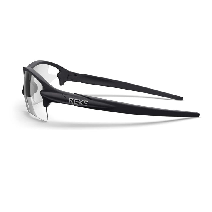 Side view of REKS® Sling Blade black eyeglasses with sleek, modern frames and clear lenses.