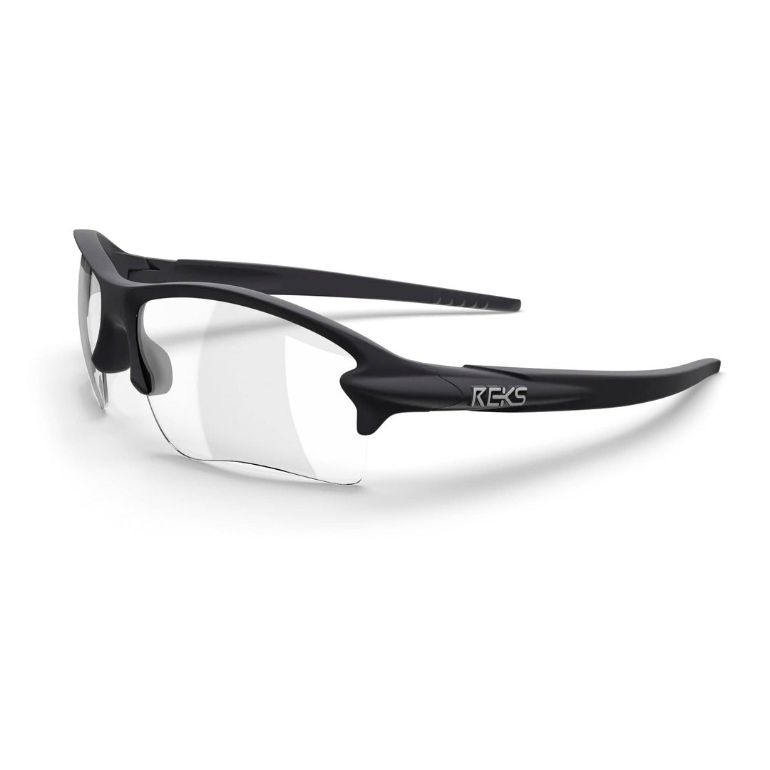 REKS® Sling Blade black eyeglasses shown from a three-quarters view, showcasing sleek frame design and modern style.