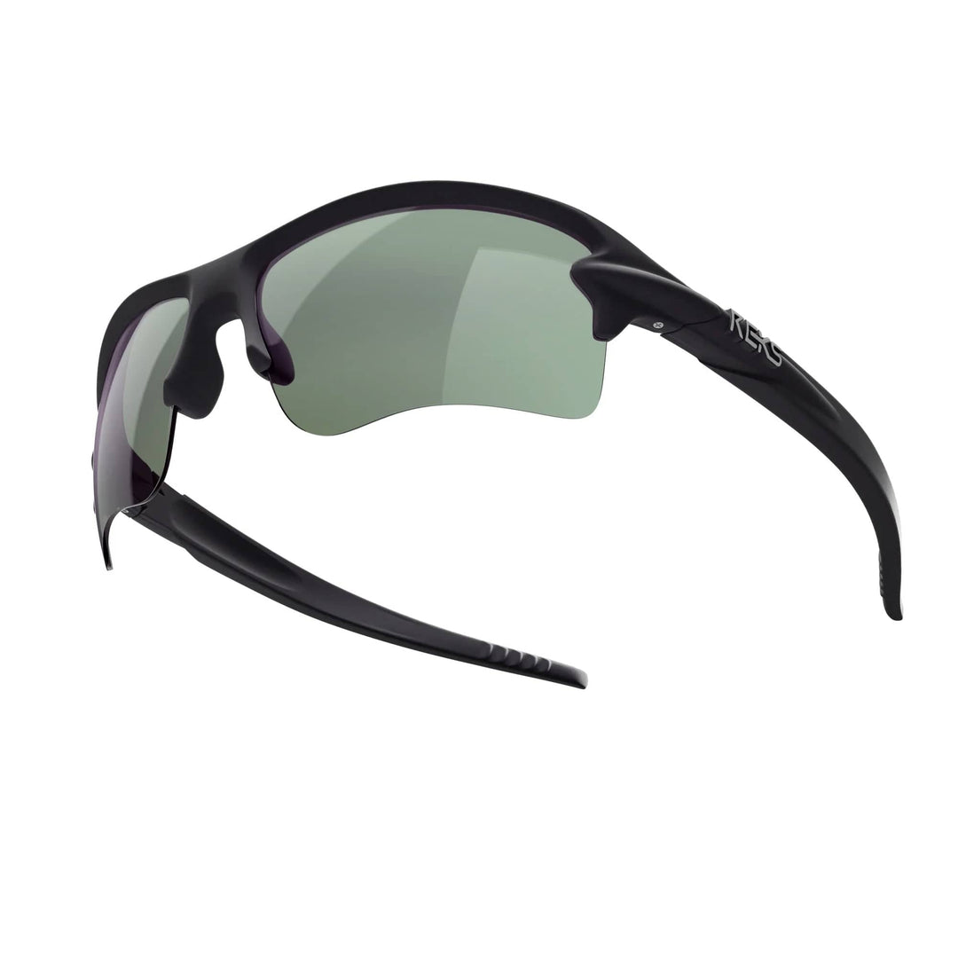 REKS® Sling Blade polarized polycarbonate prescription sunglasses with solid smoke lenses, showcasing sleek, stylish eyewear.