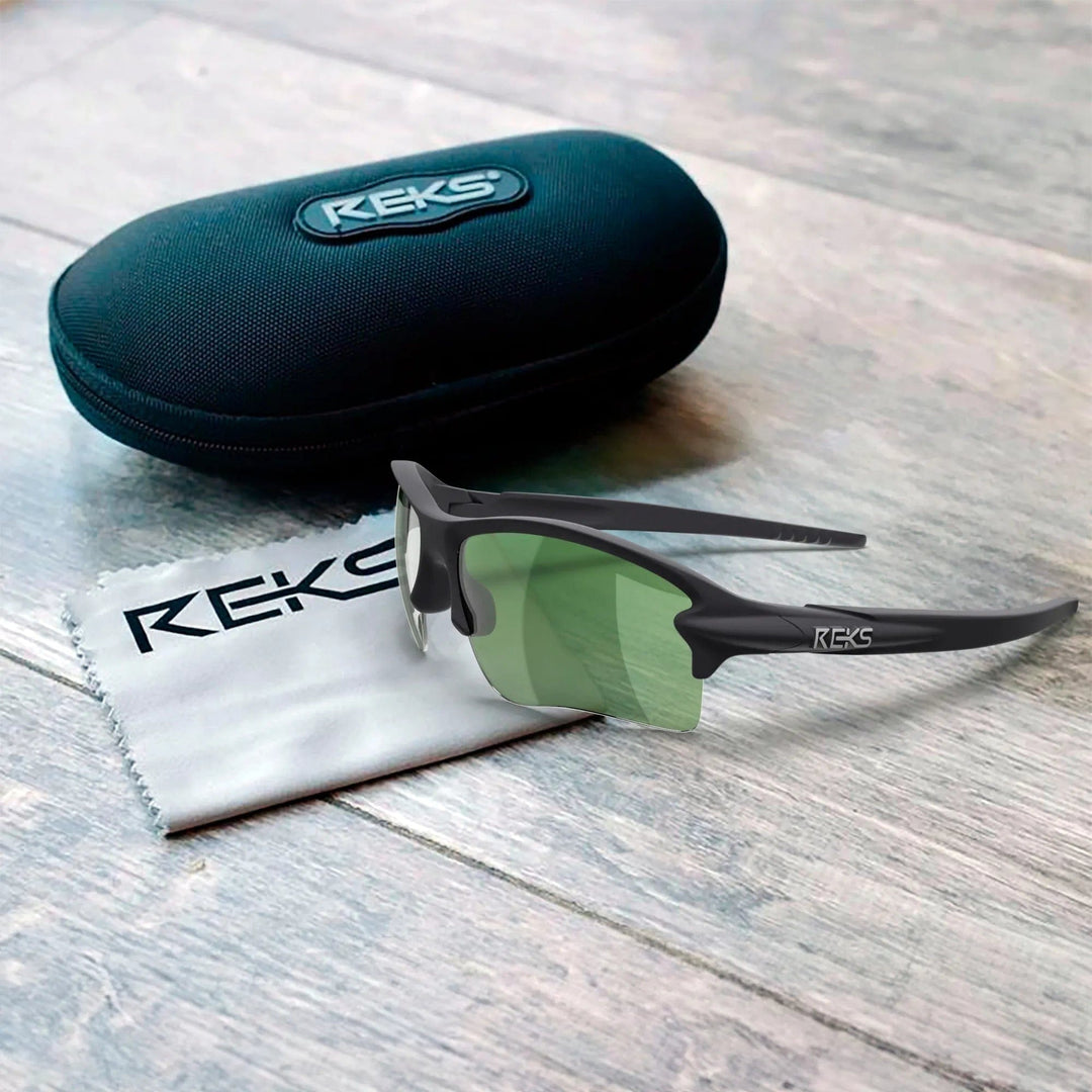 REKS® Sling Blade polarized polycarbonate prescription sunglasses with solid smoke lenses, stylish and protective eyewear.