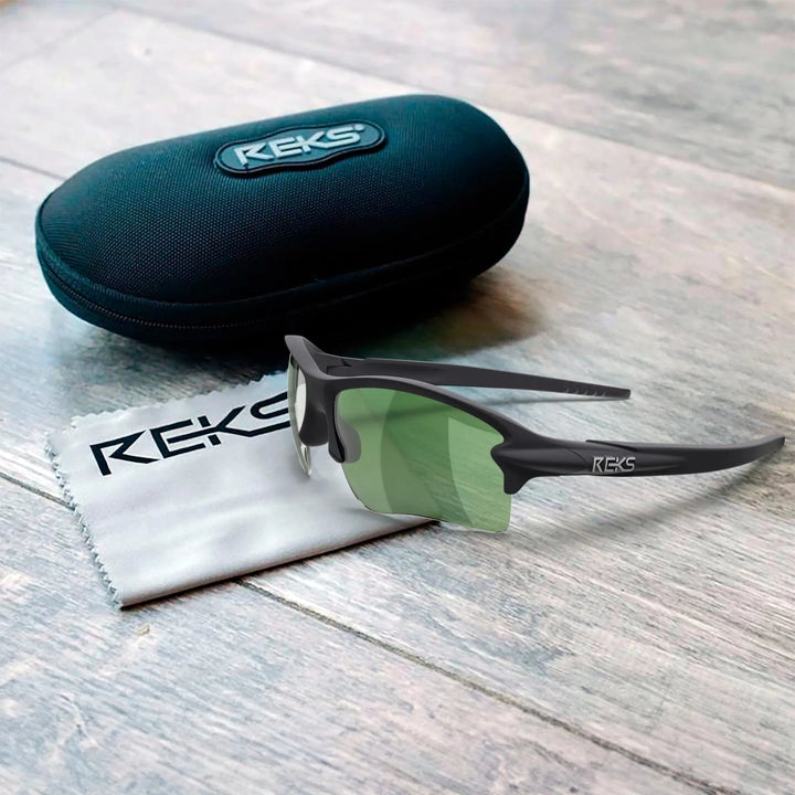 REKS® Sling Blade polarized polycarbonate prescription sunglasses with solid smoke lenses, stylish and protective eyewear.