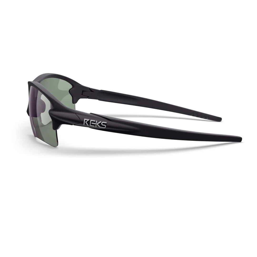 REKS Sling Blade polarized prescription sunglasses with solid smoke polycarbonate lenses for single vision vision correction.