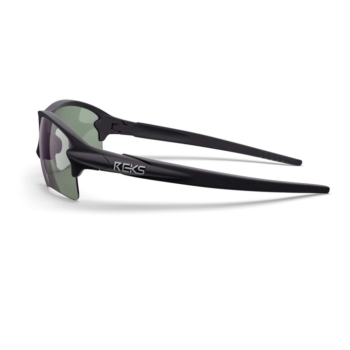 REKS Sling Blade polarized prescription sunglasses with solid smoke polycarbonate lenses for single vision vision correction.