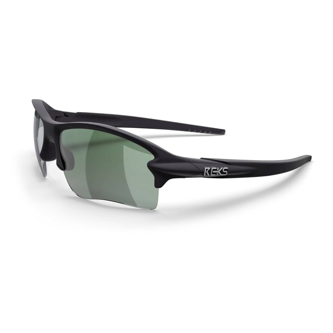 REKS Sling Blade polarized polycarbonate prescription sunglasses with solid smoke lenses, designed for outdoor eye protection.
