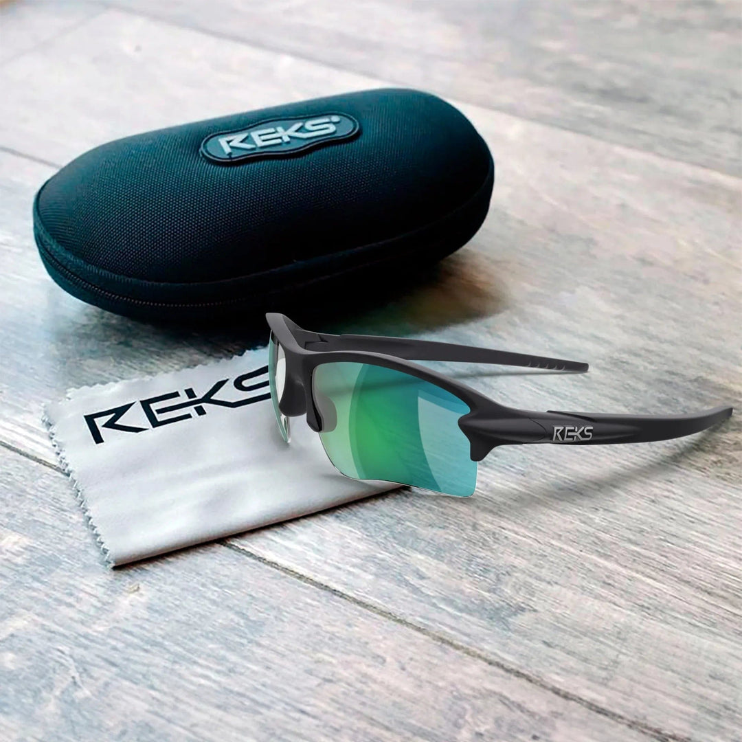 REKS Sling Blade polarized prescription sunglasses with solid smoke polycarbonate lenses, stylish and protective eyewear.