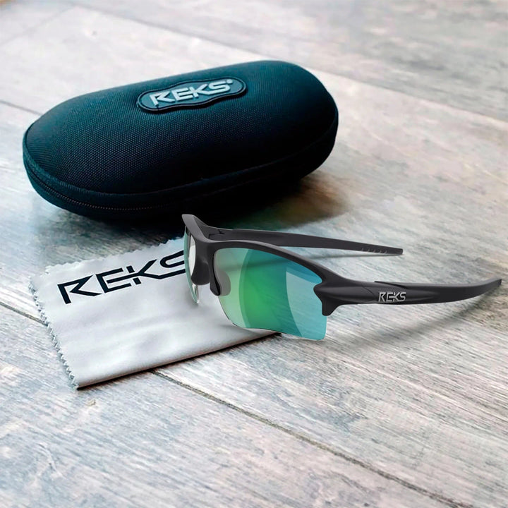 REKS Sling Blade polarized prescription sunglasses with solid smoke polycarbonate lenses, stylish and protective eyewear.