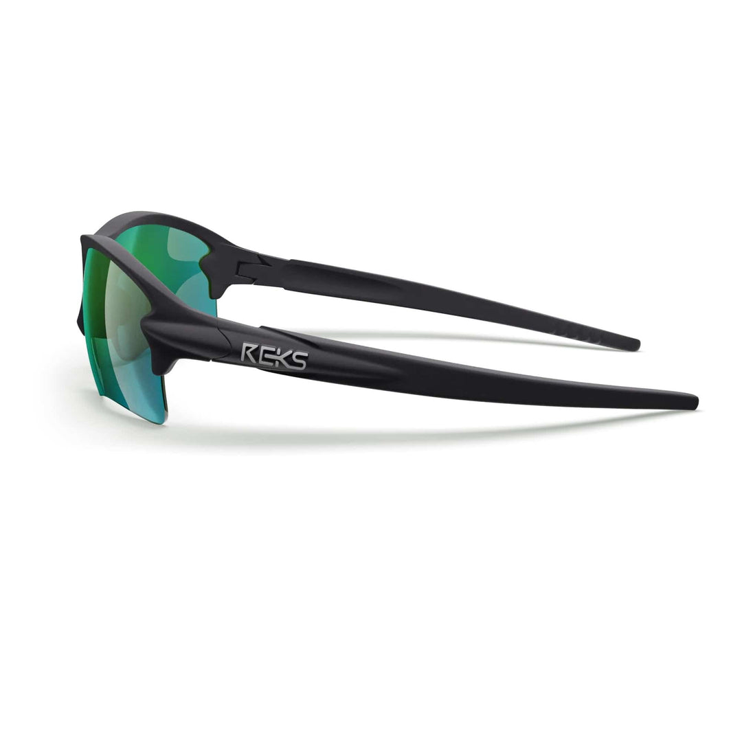 REKS Sling Blade polarized polycarbonate prescription sunglasses with solid smoke lenses showcasing sleek frame and lens details.