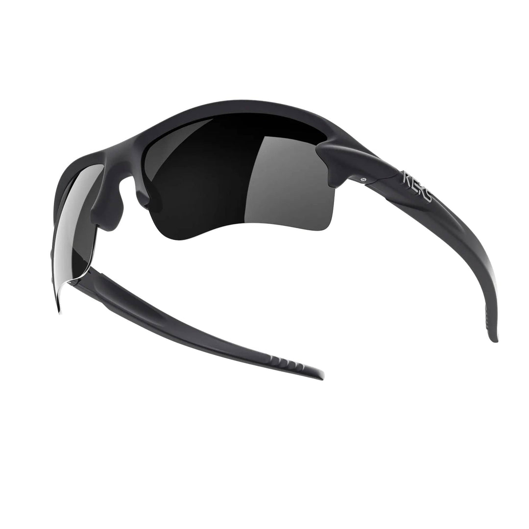 REKS SlingBlade polarized sunglasses with black frame and mirror lenses, featuring Trivex® for lightweight durability and style.