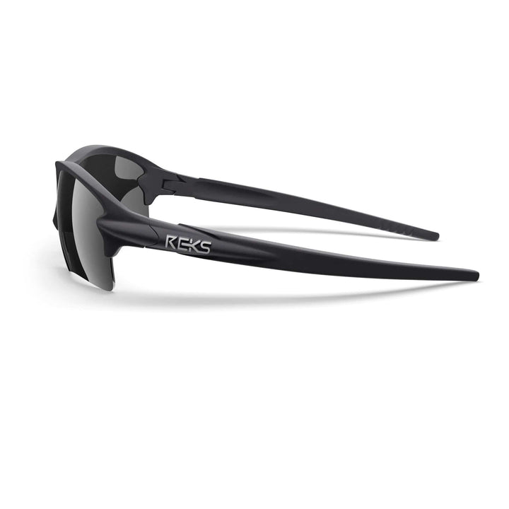 REKS® Sling Blade polarized sunglasses with black frame and mirrored lenses, side view showing sleek design and modern style.