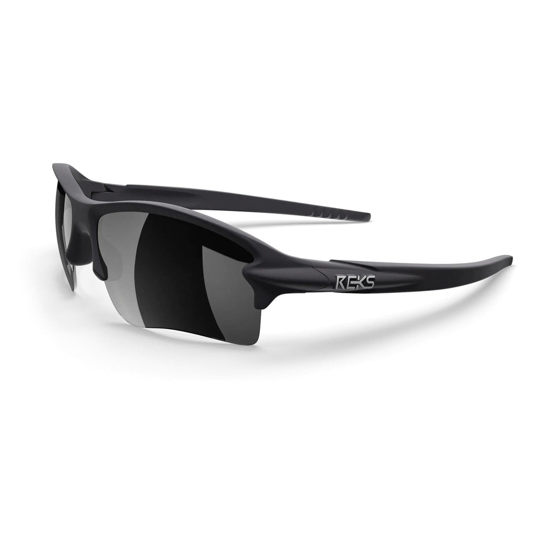 REKS SlingBlade polarized sunglasses in black with mirror lenses, three-quarter view showcasing sleek design and lightweight Trivex® frame.