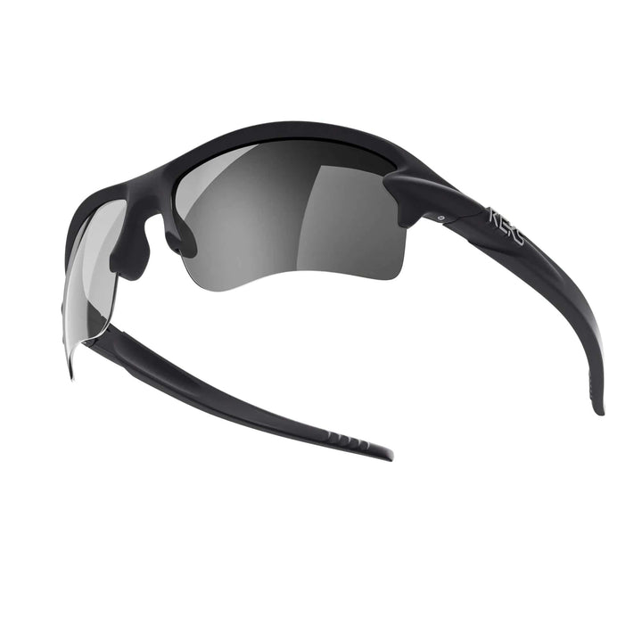 REKS SlingBlade polarized sunglasses in black and silver mirror finish with Trivex lenses, featuring a sleek sling-blade frame design.