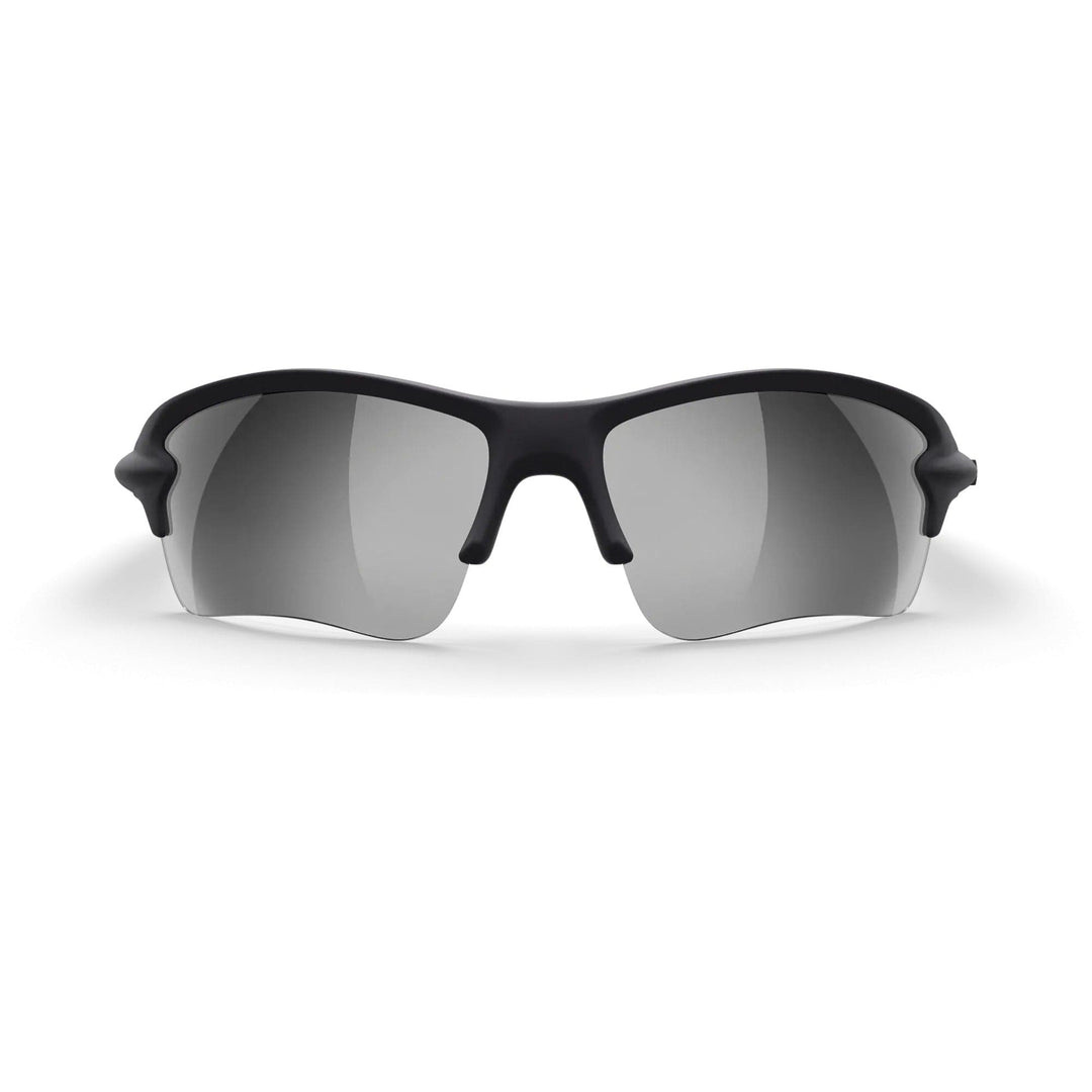 REKS SlingBlade polarized sunglasses with black frame, silver mirror lenses, and sleek design, front view.