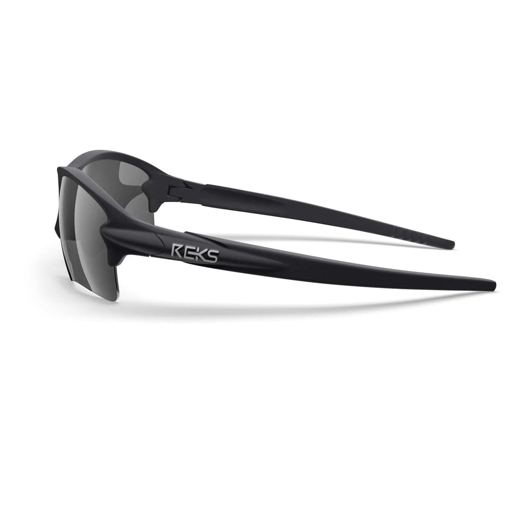 REKS SlingBlade polarized sunglasses with black and silver mirror side lenses, featuring Trivex® material for durability and style.