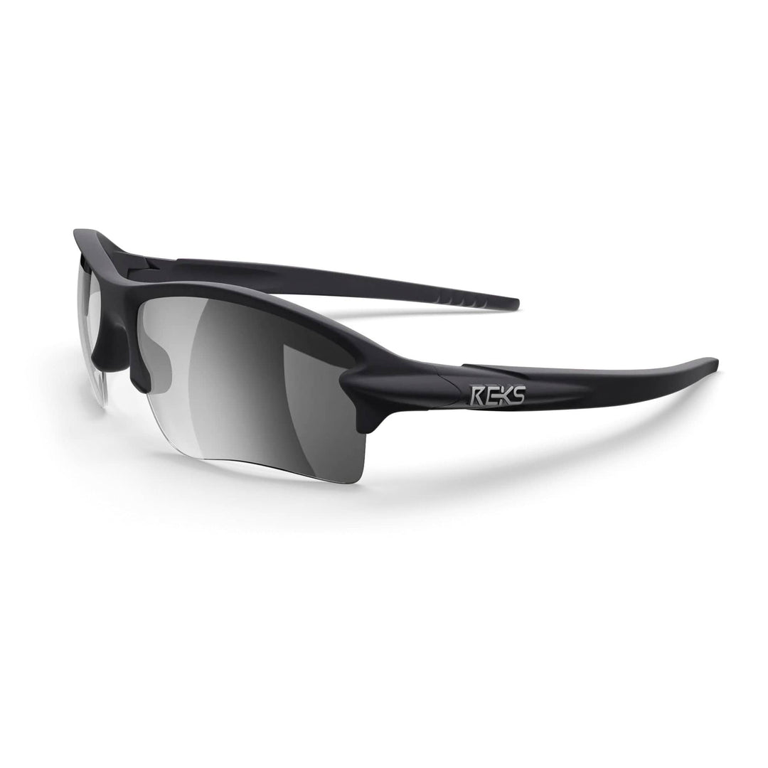 REKS Sling Blade polarized sunglasses in black and silver mirror finish, three-quarter view showcasing sleek, sporty design.