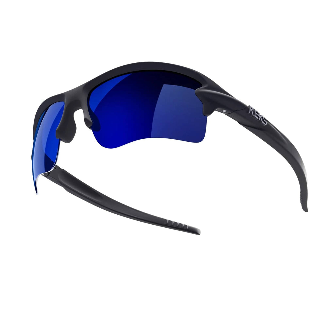REKS SlingBlade polarized sunglasses with black and blue mirror lenses, sleek sling-blade design and Trivex® frame.