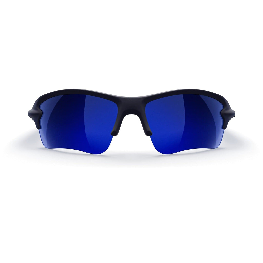 REKS Sling Blade polarized sunglasses with black and blue mirror lenses, front view showcasing sleek design and lightweight Trivex® frames.