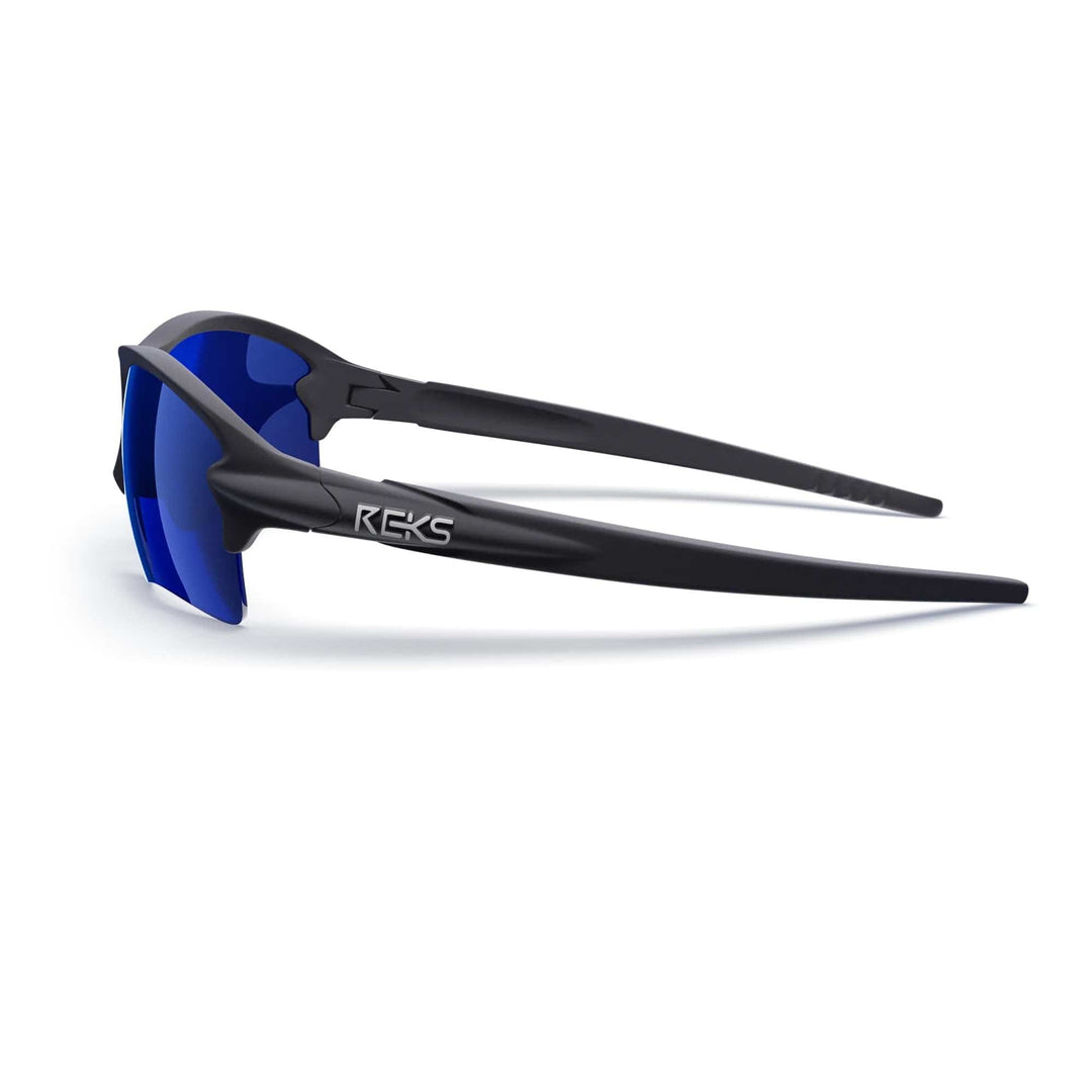 Black and blue mirror SlingBlade polarized sunglasses by REKS® with Trivex® lenses, shown from the side view.