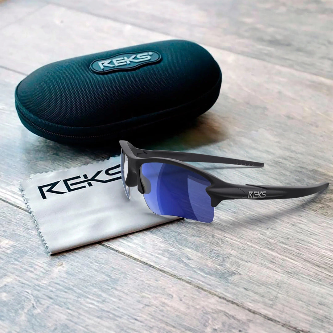 REKS® Sling Blade polarized sunglasses with Trivex® lenses, blue frame, showcasing sleek design and polarized lens detail