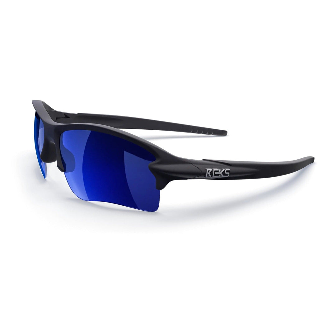 REKS Sling Blade polarized sunglasses in black and blue mirror finish, three-quarters view showing sleek frame and tinted lenses.