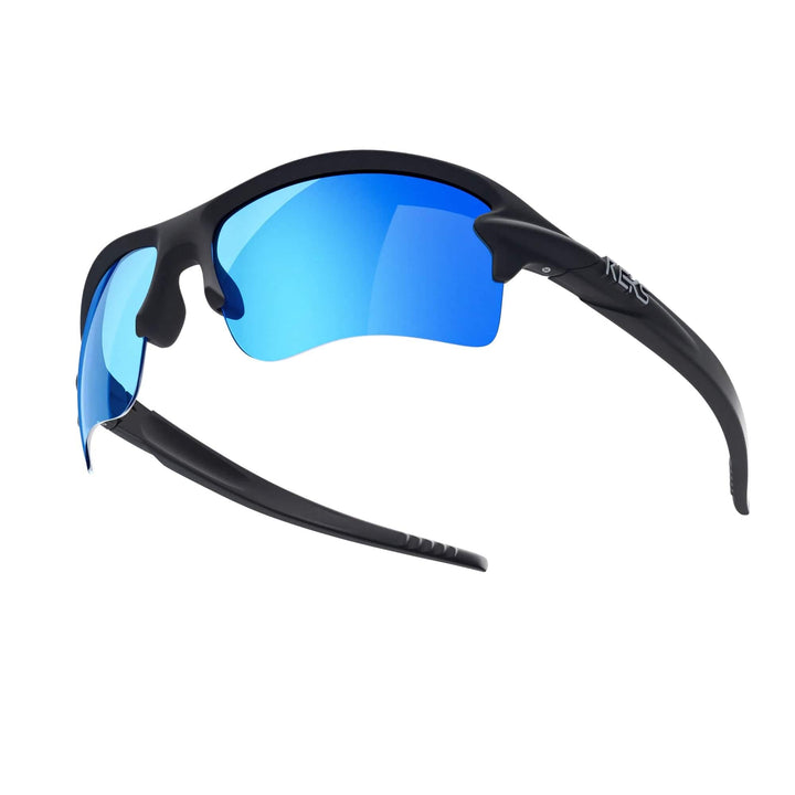 REKS Sling Blade polarized sunglasses in black with cobalt blue mirror lenses, showcasing a sleek, modern design.
