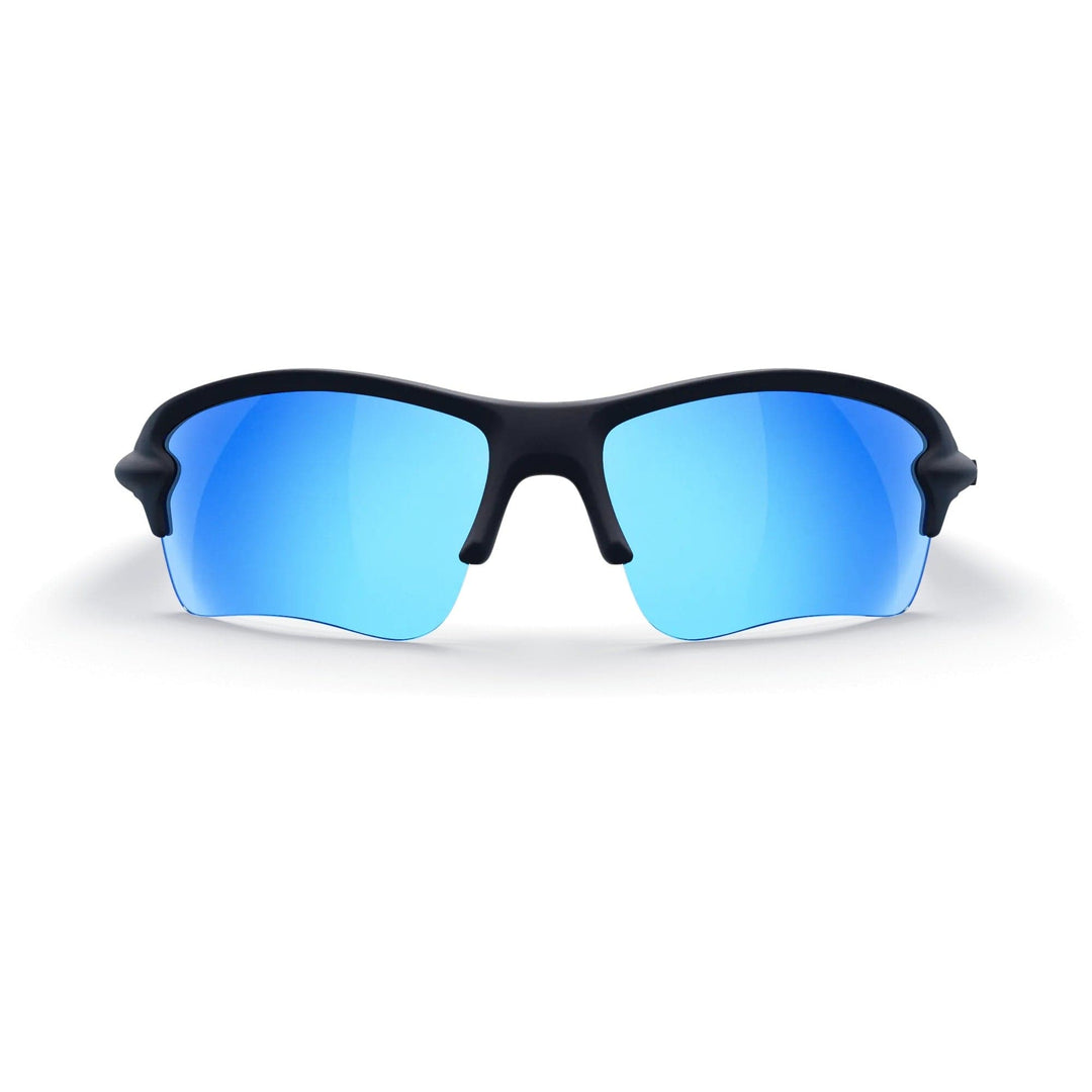 REKS SlingBlade polarized sunglasses in black with cobalt blue mirror lenses, featuring a sleek sling-blade design and Trivex® lenses.