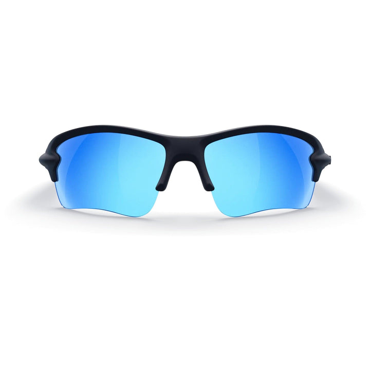 REKS SlingBlade polarized sunglasses in black with cobalt blue mirror lenses, featuring a sleek sling-blade design and Trivex® lenses.