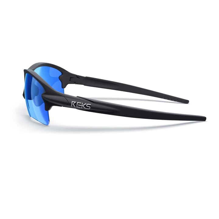 REKS SlingBlade polarized sunglasses in black with cobalt blue mirror lenses, featuring Trivex® lens technology.