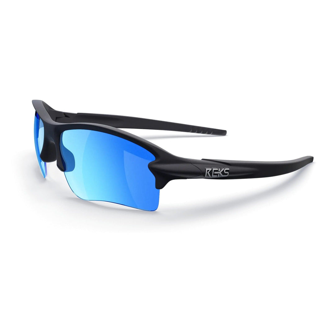 REKS SlingBlade polarized sunglasses in black with cobalt blue mirror lenses, three-quarter view showing sleek design and frame details.